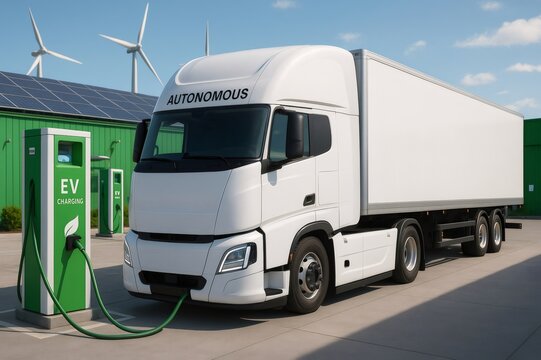 White autonomous electric truck charging at green ev charging station with solar panels and wind turbines providing sustainable and renewable energy