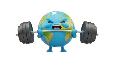Cartoon globe character lifting heavy barbell with determined expression on a black background.
