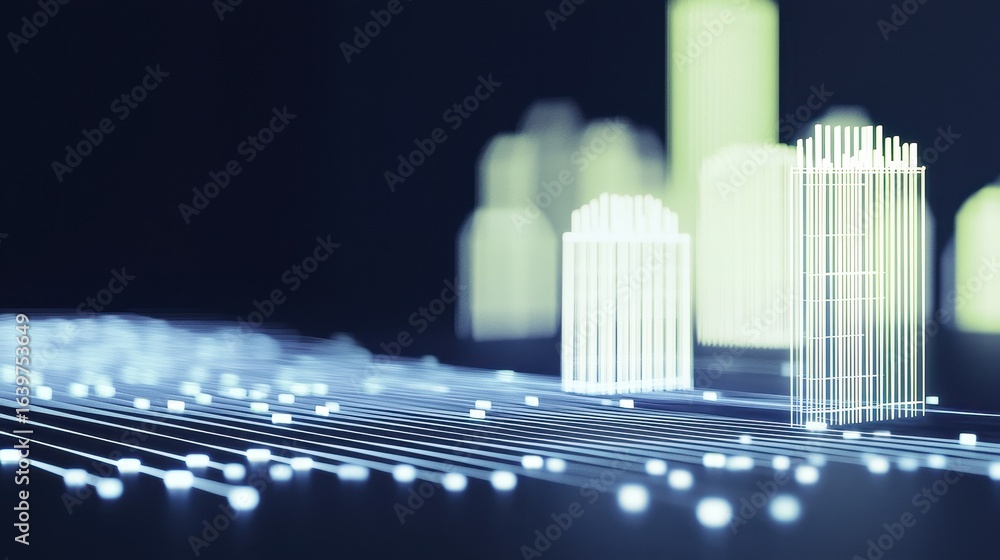 Poster futuristic cityscape with digital data visualization elements