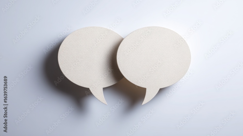 Poster two white speech bubbles representing communication and feedback in a conceptual design for dialogue