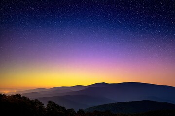 Colorful Mountain Silhouette At Dawn With Starry Night Sky