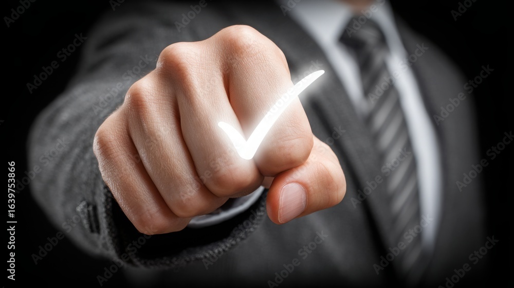 Poster man pointing at white checkmark indicating proof of decisions supported by visible results in a prof