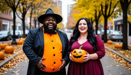 A joyful African American man in an orange shirt and black hat stands beside a smiling Caucasian woman in a burgundy dress, both holding a carved pumpkin. Autumn leaves surround them.
