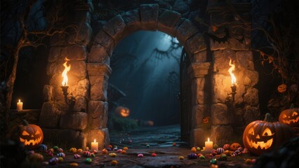 A spooky, dimly lit archway adorned with Jack-o'-lanterns and candles, leading into a mysterious, candy-strewn path, perfect for Halloween.