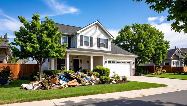 Large pile of construction debris and junk on the front lawn of a suburban house during a home renovation project.