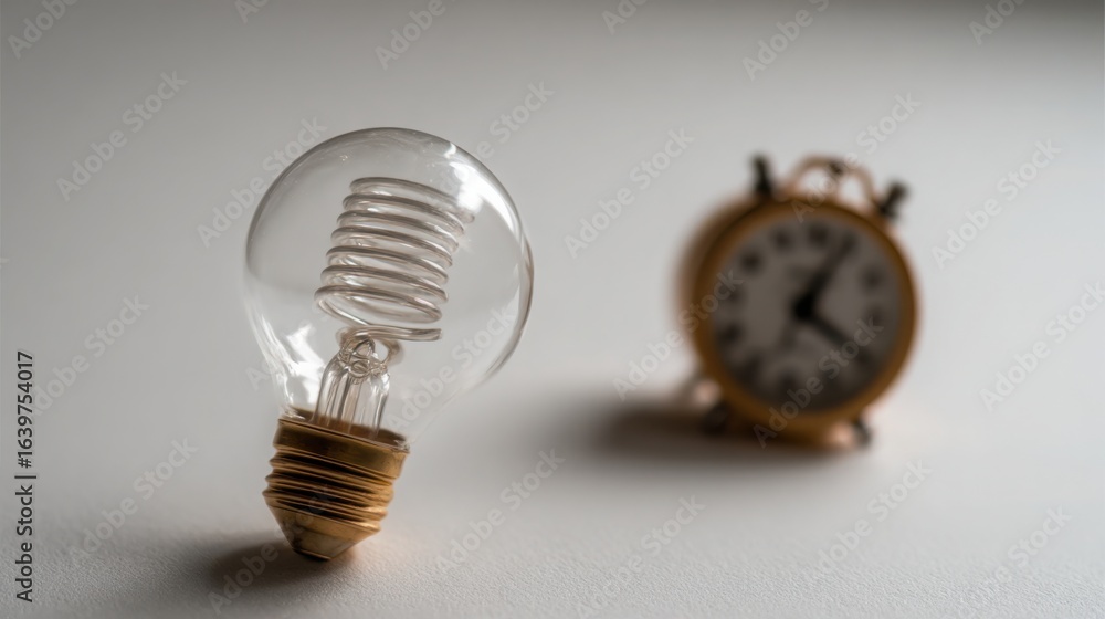 Poster a light bulb and clock combination illustrating the concept of merging ideas with timely decision ma