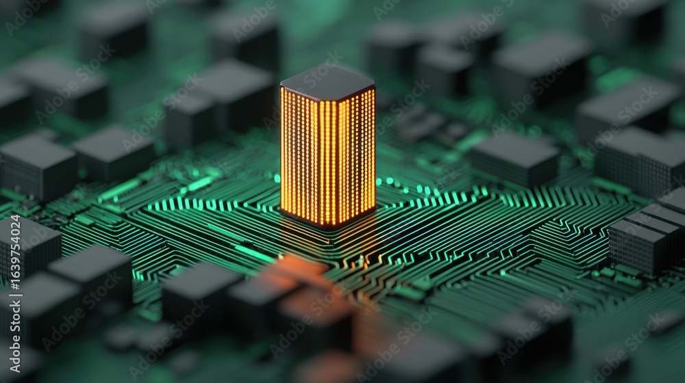 Poster illuminated microchip on circuit board with green patterns