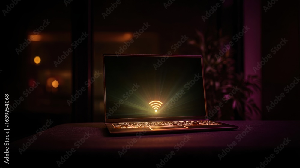 Poster laptop screen displaying wireless connection indicator highlighting low bandwidth and reduced team c