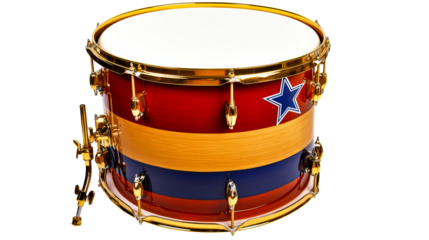 Drum with blue star logo and red gold blue stripes