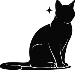 Elegant black cat silhouette sitting calmly, minimalist pet art, feline design, mysterious animal figure, stylish vector, clean white background