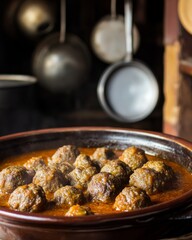 Meatballs in Tomato Sauce in Earthenware Bowl with Hanging Kitchen Utensils