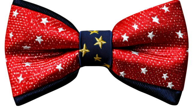Red fabric bow tie with white stars and navy band with gold stars on transparent background - Powered by Adobe