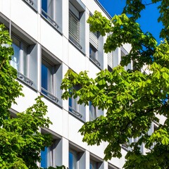 Facade of a modern white office building with grid windows, framed by lush green tree foliage against a bright blue sky.