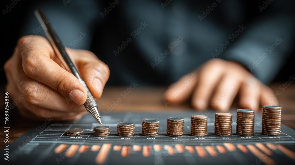 Poster a person inserting a coin into a stack of coins illustrating savings and financial management concep