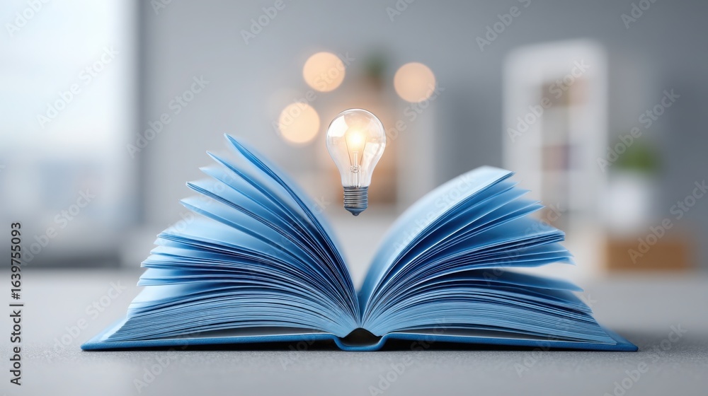 Poster open book with lightbulb on top representing essential ideas and knowledge in business strategy and 