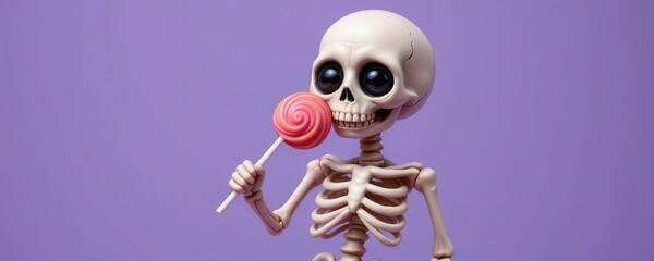 Cartoon skeleton with big eyes holding and eating a pink swirl lollipop on a purple background