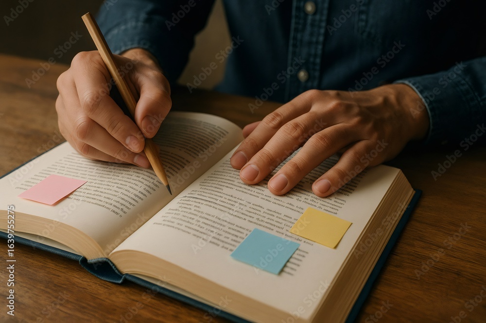 Poster close up of hands using pencil underlining text in open book with colorful sticky notes on wooden ta
