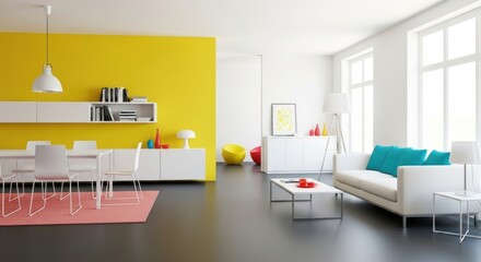Bright interior with modern furniture, yellow wall and colorful decorations
