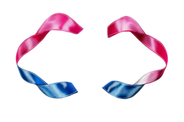 Two intertwined satin ribbons one pink one blue with white stitching