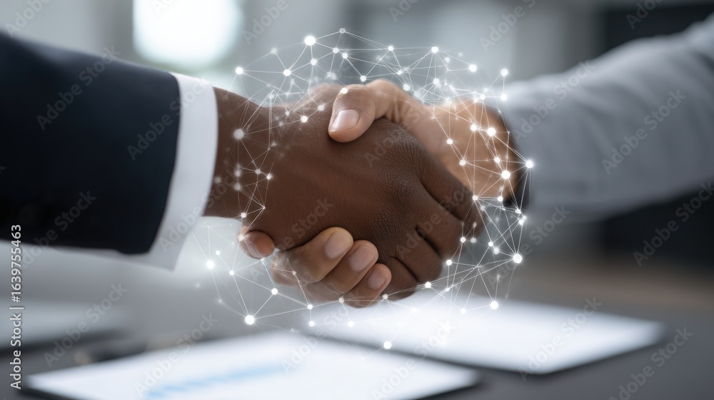 Poster two hands engaging in a firm shake over a tablet device signifying a digital contract agreement in a