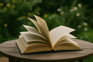Open book with pages turning gently in the breeze sits on a rustic wooden table in a tranquil garden setting, inviting a moment of peaceful reading