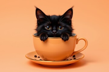 Fluffy black kitten peeking out of orange teacup with coffee beans Black cat