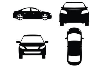 Car Silhouette Icon Set Side, Front, Back, and Top View on White Background