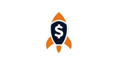 An orange rocket ship with a dark blue shield containing a dollar sign.  The rocket is depicted in a simple, cartoonish style