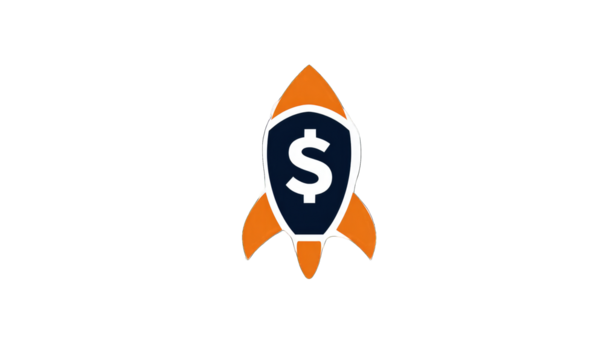 An orange rocket ship with a dark blue shield containing a dollar sign.  The rocket is depicted in a simple, cartoonish style