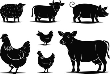 Farm animals vector illustration, detailed black silhouettes of cow, pig, sheep, chicken, livestock, rural farm animals, isolated white background