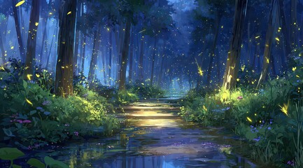 Obraz premium Magical Glowing Forest Path At Night