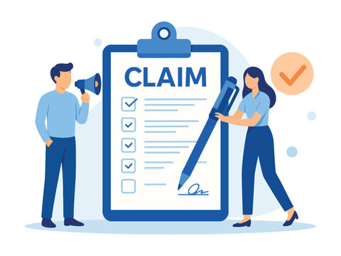 A woman signs a large insurance claim form on a clipboard while a man makes an announcement with a megaphone.