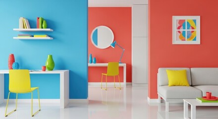 Colorful interior with furniture, desk, sofa
