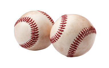 Two used baseballs, close-up, showing stitch detail and aged leather