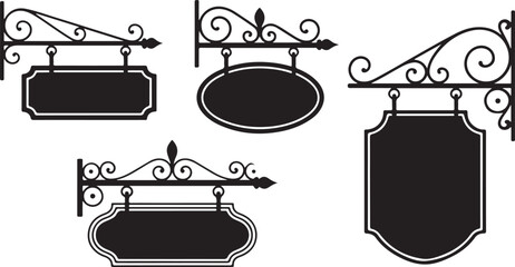 Ornate hanging signs with decorative scrollwork ornamental black silhouette