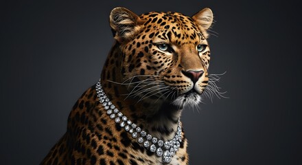Hyper-realistic full-face studio photo of a leopard. A luxurious diamond necklace