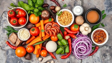 Top-down arrangement of vibrant Asian food ingredients on a rustic stone surface, showcasing Vietnamese and Thai cuisine.