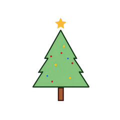 Ai generated image of simple cartoon christmas tree with colorful ornaments and a star on top, isolated on transparent background