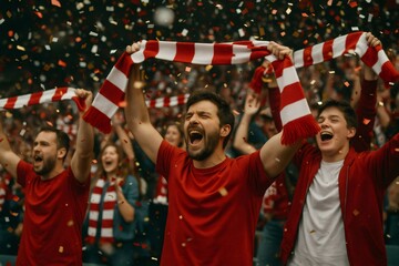 Group of fans wearing red celebrating victory at the stadium, waving striped scarf and throwing confetti