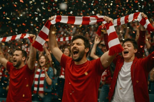 Group of fans wearing red celebrating victory at the stadium, waving striped scarf and throwing confetti - Powered by Adobe