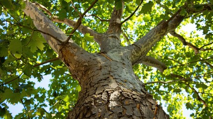 Majestic Sycamore Trees: Iconic Species with Large, Lobed Leaves, Smooth White Bark, and Spreading Canopies, Thriving in Urban Parks, Woodlands, and Riverbanks, Capturing Natural Beauty for Botanical 