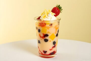 Colorful Indonesian dessert drink Es Teler Lemak with fruit, jelly, basil seeds, shaved ice, vanilla ice cream, shredded cheese, and strawberry topping, isolated on light yellow gradient background