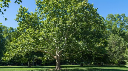 Fototapeta premium Majestic Sycamore Trees: Iconic Species with Large, Lobed Leaves, Smooth White Bark, and Spreading Canopies, Thriving in Urban Parks, Woodlands, and Riverbanks, Capturing Natural Beauty for Botanical 