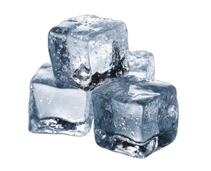 Three ice cubes stacked.  Close-up view of cubed ice, showing facets and water droplets
