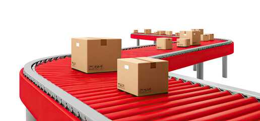 Automated conveyor belt system carrying cardboard boxes