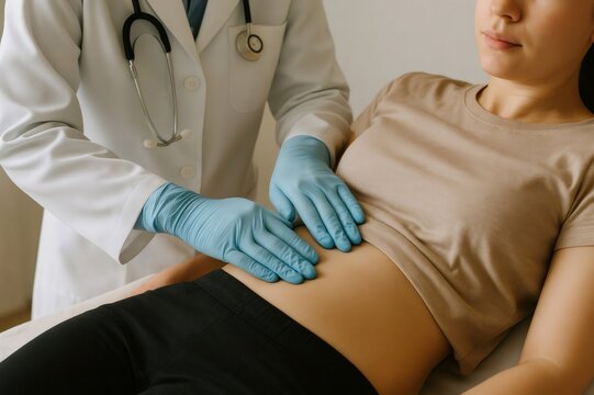 Doctor wearing blue gloves palpating abdomen of young woman lying on medical bed during check up