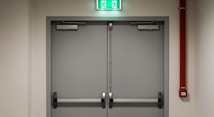 Fire Exit Door with Visible Panic Bar and Safety Lighting