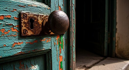 Close up of old weathered teal door with peeling paint and rusty hardware old door