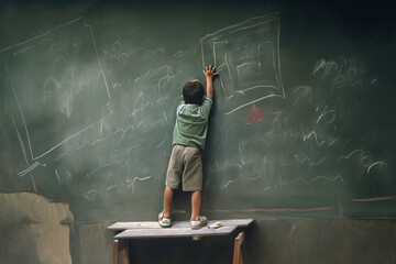 Young boy reaching up to write on a dusty green chalkboard with chalk in a classroom setting