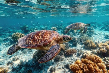 Two sea turtles swim in a vibrant coral reef